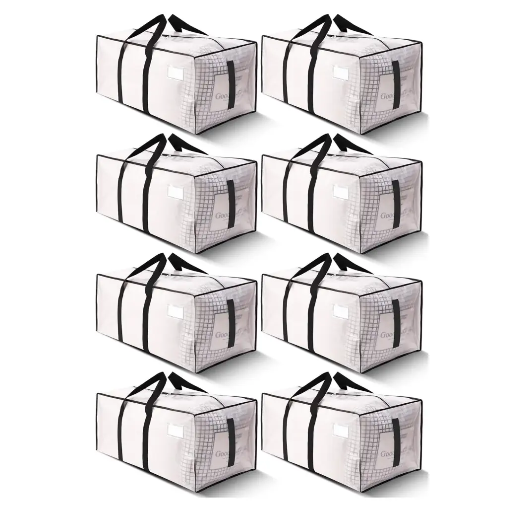 8 Pack - Supports 200lbs Heavy Duty Moving Bags - Strong Zipper & Wrap-Around Handles - Water-Resistant Storage Totes, Durable Alternative to Moving Boxes - Semi-Transparent