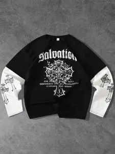 Y2K Gothic Two-Piece Long Sleeve Sweatshirt, Vintage Cross Graphic Print, Streetwear Punk Casual Vibe Style, Loose Oversized Unisex Top, All Seasons