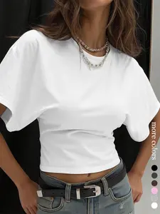 Women's Solid Color Crop Tee, Casual Short Sleeve Round Neck T-Shirt, Fitted Design for All Seasons, Ideal for Daily Wear