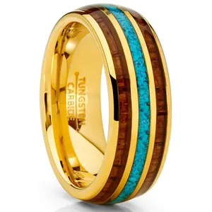 Men's Goldtone Tungsten Wedding Band Engagement Ring Koa Wood Crushed Turquoise 8MM