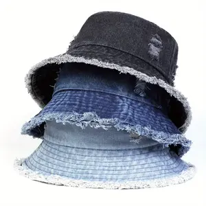 Unisex Vintage Holes Denim Bucket Hat Outdoor Sunscreen Leisure Hat Spring Autumn Travel Tourism Beach Vacation