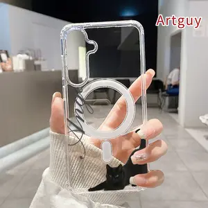 Magnetic Soft Case for  Samsung Galaxy S26 S23 Ultra S24 Plus FE S25 S22+ Black Cat Elegance Pattern Anti-Yellowing Shockproof ultra-thin Silicone Crystal Transparent Acrylic Large Hole Cover Supports Wireless Charging