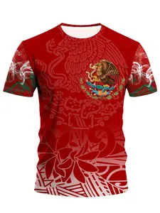 Mexican Football Jersey, 3D Eagle Aztec Maya Print Tee, Vibrant Tribal Design, Breathable Short Sleeve Round Neck Casual Summer Top, Jersey Shirts