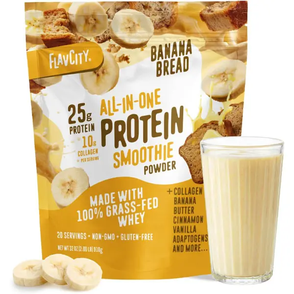 HOT 2026!!! FlavCity All in One Protein Shake Powder, Banana Bread - On the Go Meal Alternative + Collagen Peptides, Reishi & Cordyceps - Focus, Skin, Hair & Joint Support - 100% Grass Fed Whey, 20 Servings