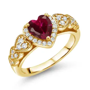 Gem Stone King Heart Halo Ring for Women | 18K Yellow Gold Plated Silver | 6MM Gemstone Birthstone and Moissanite Accents | Wedding Anniversary Engagement Ring
