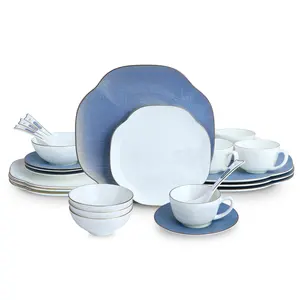 Deep Blue 24 Piece Porcelain Dinnerware Set,Bone china for 4, Plates and Bowls Sets With Beautiful Pattern, Highly Chip and Crack Resistant | Dishwasher Safe Dishes Set (Deep Blue + Pattern)