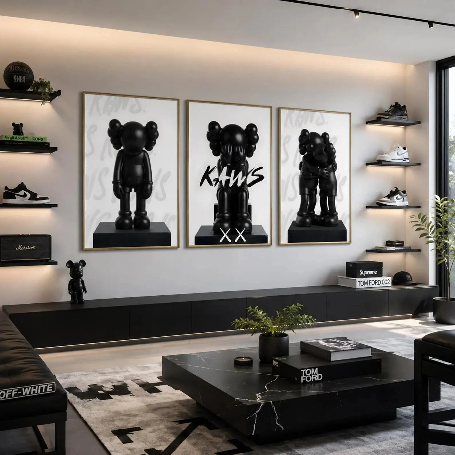 Black-White Kaws Wall Art Poster Set of 3, Hypebeast Room Decor, Emotional Companion Prints, Aesthetic Room Accents