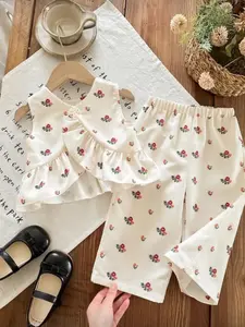 Girls' Irregular Floral Sleeveless Top & Loose Casual Pants Set, 2-Piece for Daily Wear, Cute Stylish Clothing, Clothes Kids