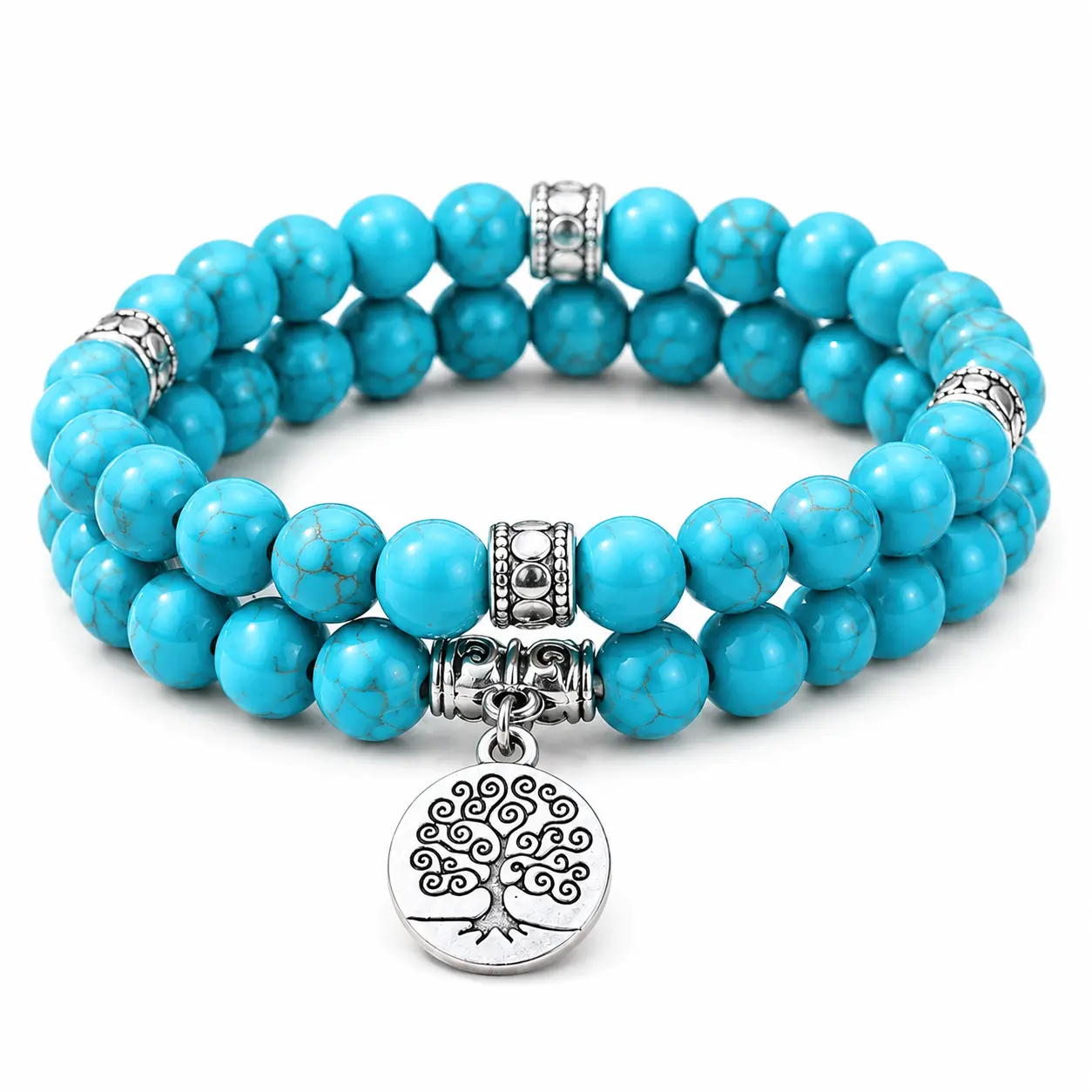 Tree of Life Turquoise Stretch Bracelet Set, 2 Pcs Spiritual Healing, Meaningful Friendship Gift Jewelry good fortune daily clothing decor money attraction bracelet