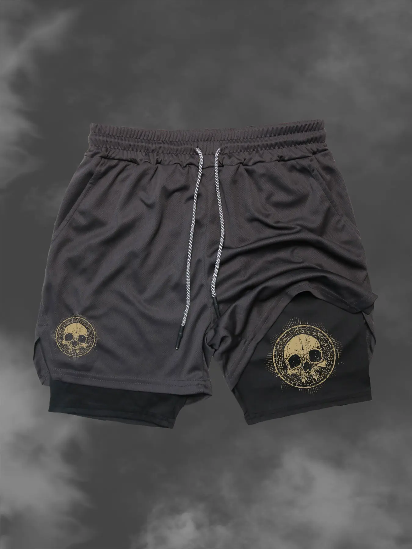 Skull Print Fitted Shorts, Summer Layered Gym Shorts, Multi-Pocket Design, Casual Style, Running Workout Shorts, No Ca Prop 65 Warning, Tight Fitted Shorts, Summer Sports Shorts, Casual Athletic Shorts