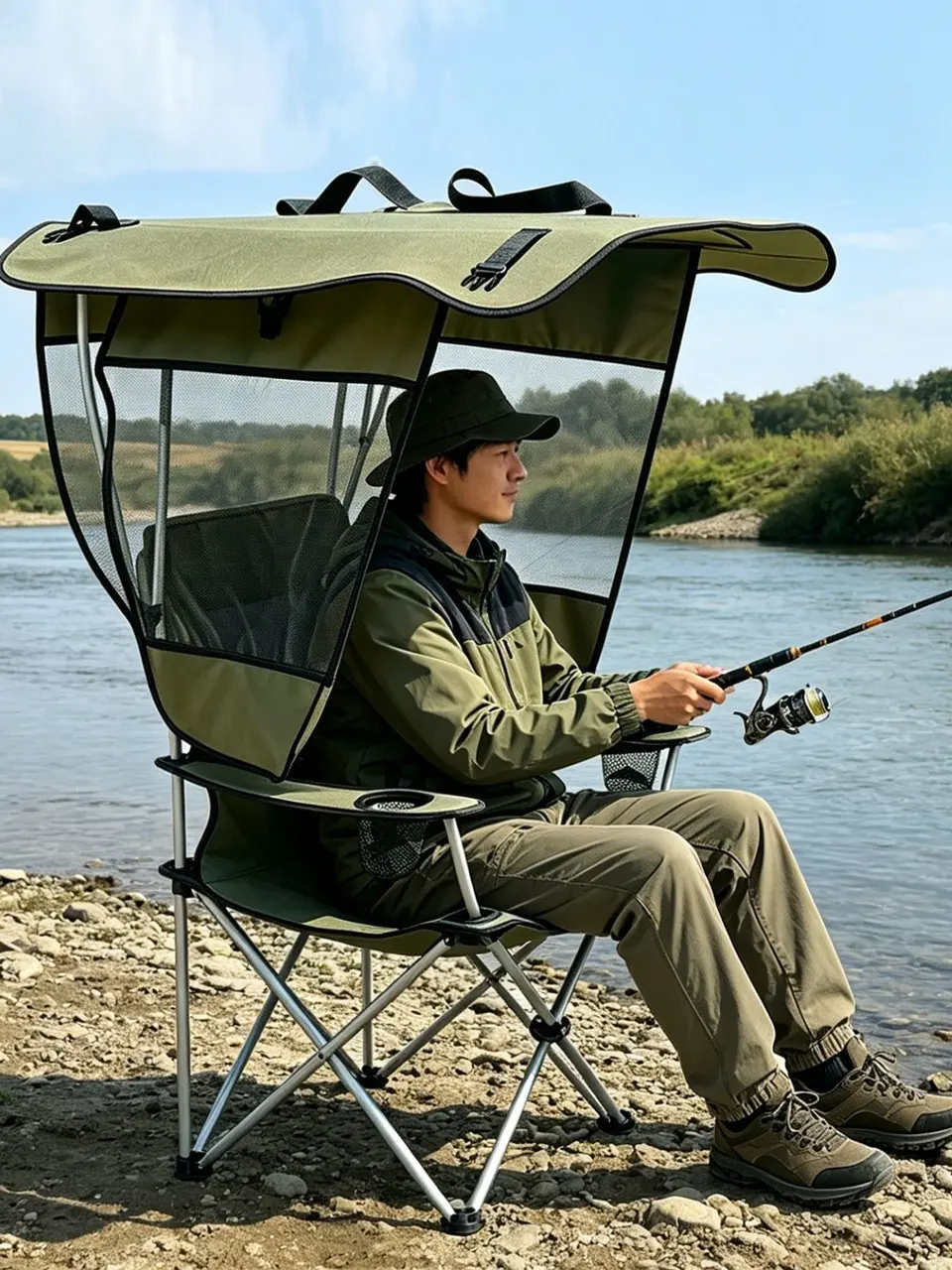 High Carbon Steel Foldable Portable Camping Chair Set with UV-Resistant Sun Protection Canopy, Collapsible Table & Fishing Stool, Heavy-Duty Outdoor Gear for Backyard Leisure, Campfire-BBQ Party