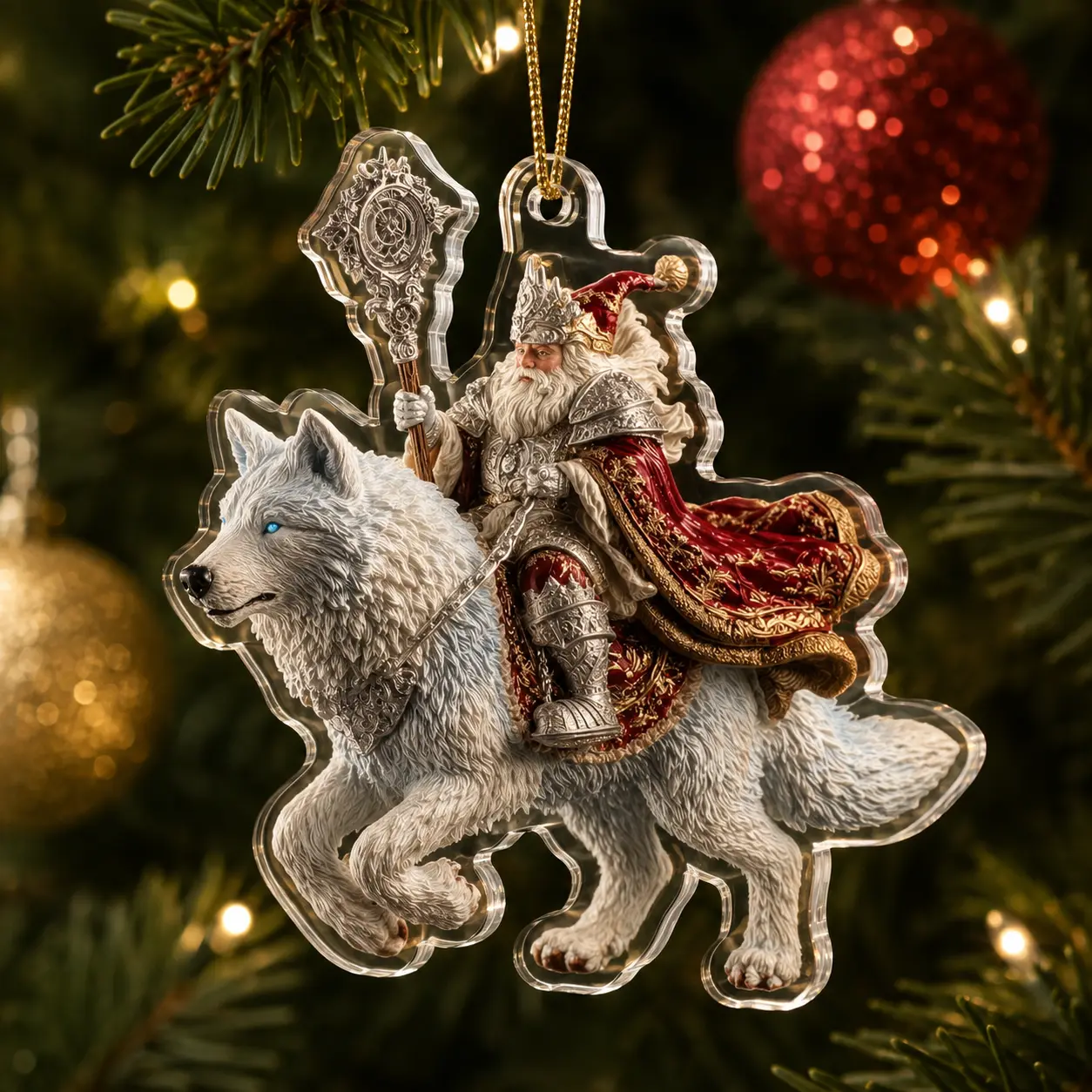 Fantasy Santa Riding Wolf Christmas Acrylic Hanging Ornament, Flat Epic Holiday Decor, Unique Winter Keepsake Gift