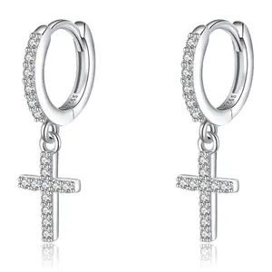 Sterling Silver Faith Cross Dangle Huggie Hoop Earrings Teens Small CZ Hoop Earrings for Brithday Gift Hypoallergenic Cubic Zirconia Religious Jewelry for Women, Fashion Ideal Gift for Special Occasions
