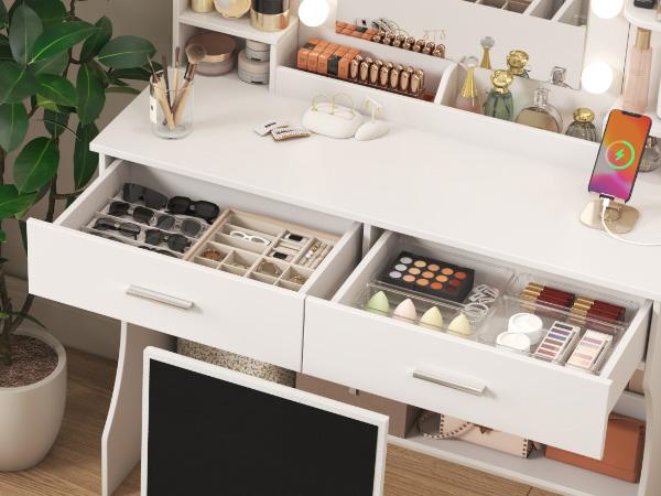 Lifewit Vanity with Mirror Adjustable Lighting, 2 Power Outlets/USB Ports, Makeup Desk with Storage Stool, 8 Open Shelves, 2 Drawers, Lipstick Holders