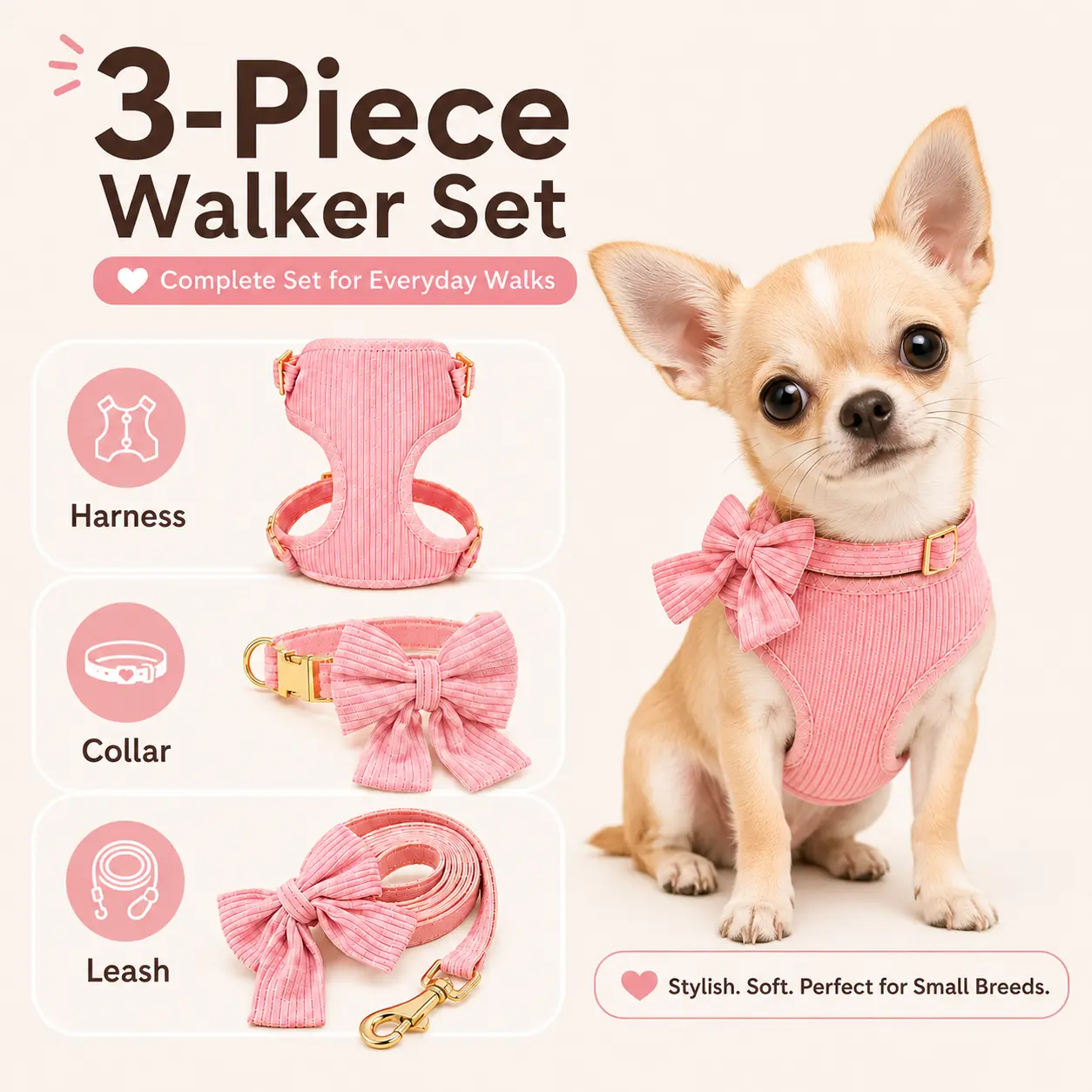 Dog 3-in-1 Harness, Collar & Leash Set - Breathable Pad Soft Fabric Adjustable Puppy Vest with Large Bow for Chihuahua, Yorkie
