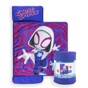 Jay Franco Kids Nap Mat with Embedded Pillow & Blanket  Ghost Spider Soft 46"x20" Microfiber Sleeping Bag with Name Tag & Handle for School, Travel, Sleepover, Purple