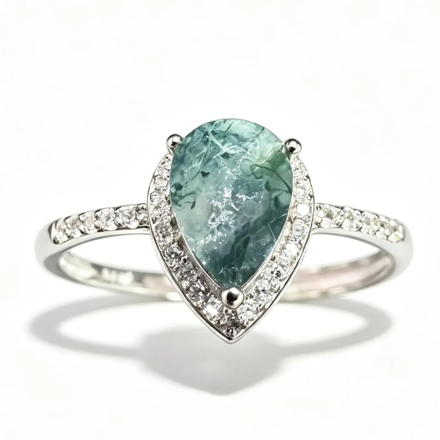 Unisex Adults' Pear-Shaped Moss Agate Halo 925 Sterling Silver Adjustable Promise Ring - Romantic New Beginnings Natural Crystal Jewelry, Boost Growth
