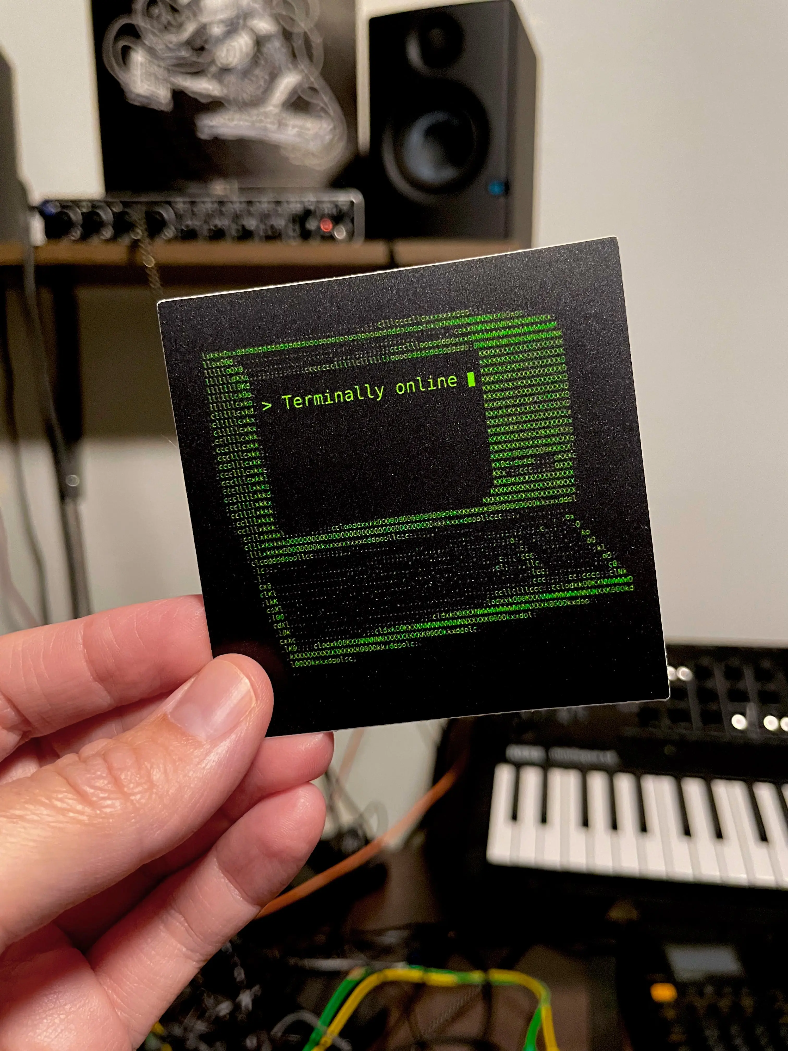 Larger Terminally Online Computer Sticker ASCII art, 4x4 inch vinyl sticker by Terminal Research.