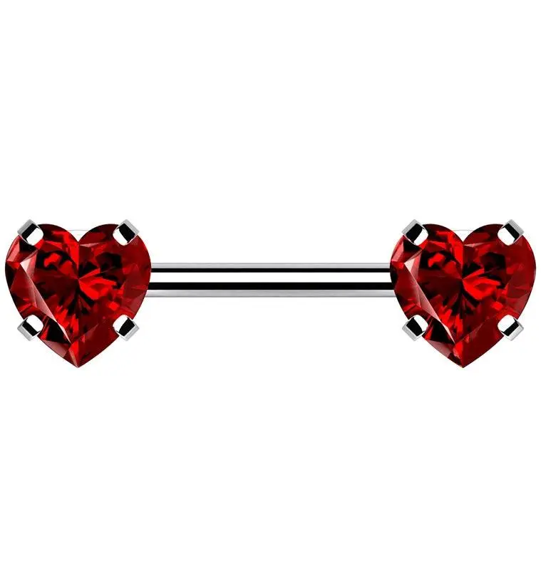 Double Red Heart CZ Stainless Steel Threadless Barbell