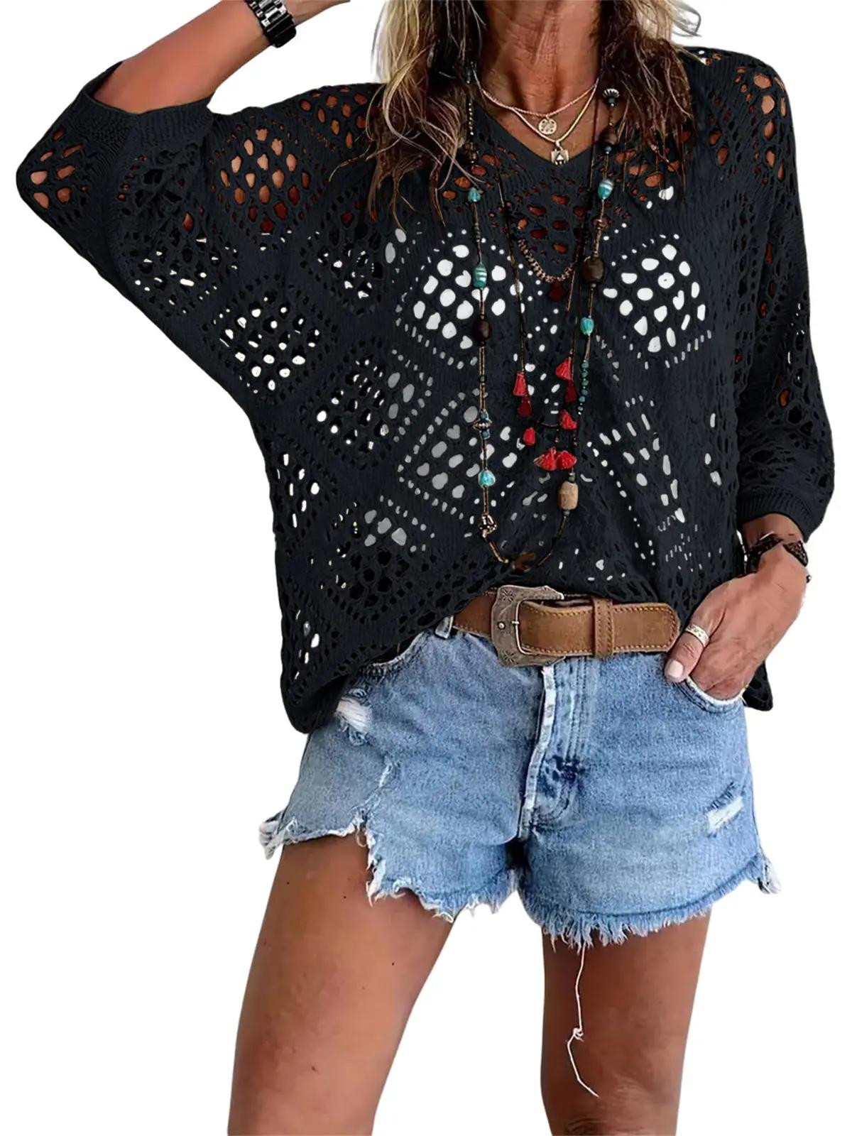 Women's Bohemian-Inspired Beige Crochet Top with V-Neck Casual Chic