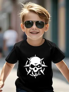 Summer fashion trend casual children's clothing, military skull compass digital printed T-shirt, 100% polyester, suitable for boys' daily outings and outdoor sports, a perfect gift for boys