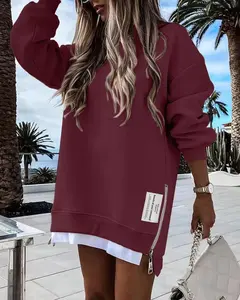 2025 Womens Long Sleeve Pullover Sweatshirt Zipper Slit Casual Dress Drop Shoulder Outfits