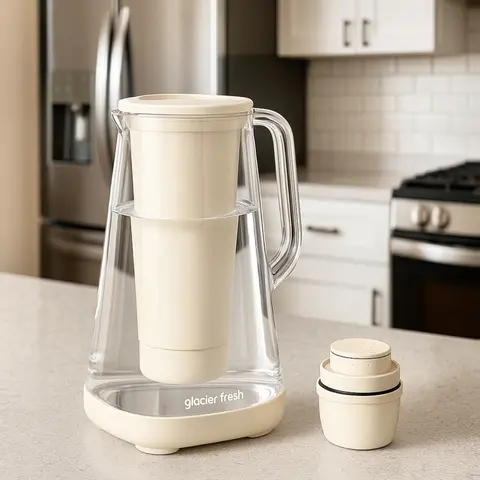 Glacier Fresh 80 oz 10-Cup BPA-Free Glass Water Pitcher, Wide Mouth Flip-Lid Ease, 5-Stage 3x Flow Rate High Flow Rate Filter, 99% Chlorine Reduction, Heat Resistant Daily Use Mason-Style Kitchenware
