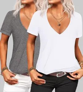 Zeagoo Women's 2 Pieces Set Deep V Neck T-Shirts Summer Short Sleeve Loose Casual Tops S-3XL Plain Minimalist Style