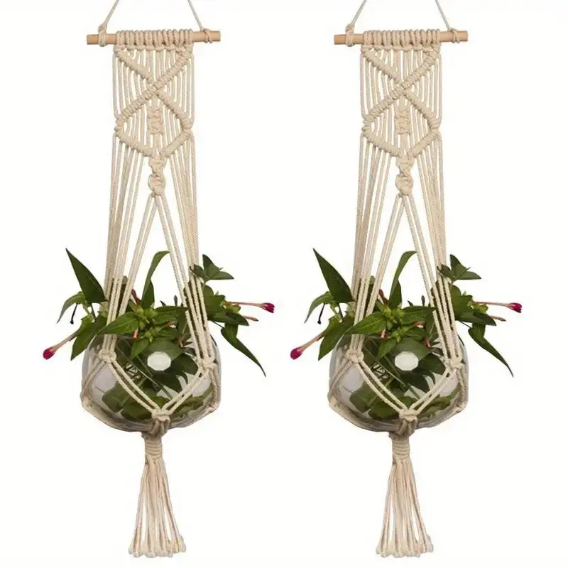 Boho Style Hanging Plant Basket, Handmade Woven Hanging Basket, Wall Hanging Decor for Home Living Room Bedroom
