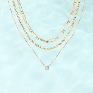 Rexviao Women's 3-Piece Layered Stainless Steel Gold-Tone Necklace Set - Exquisite Chain Jewelry, Multiple Lengths, Cubic Zirconia Pendant, Casual Summer Beach Accessory, Ideal Gift for Best Friends