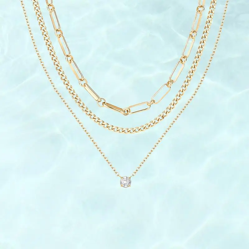 Rexviao Women's 3-Piece Layered Necklace Set - Gold-Tone Stainless Steel Exquisite Chain Jewelry with Cubic Zirconia Pendant, Casual Female Accessory for Summer Beach, Bestie Anniversary Gift, Set Of Three