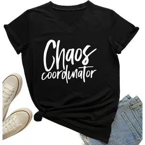 Lady Chaos Coordinator T-shirt, Fun Casual V-neck Printed T-shirt, Black