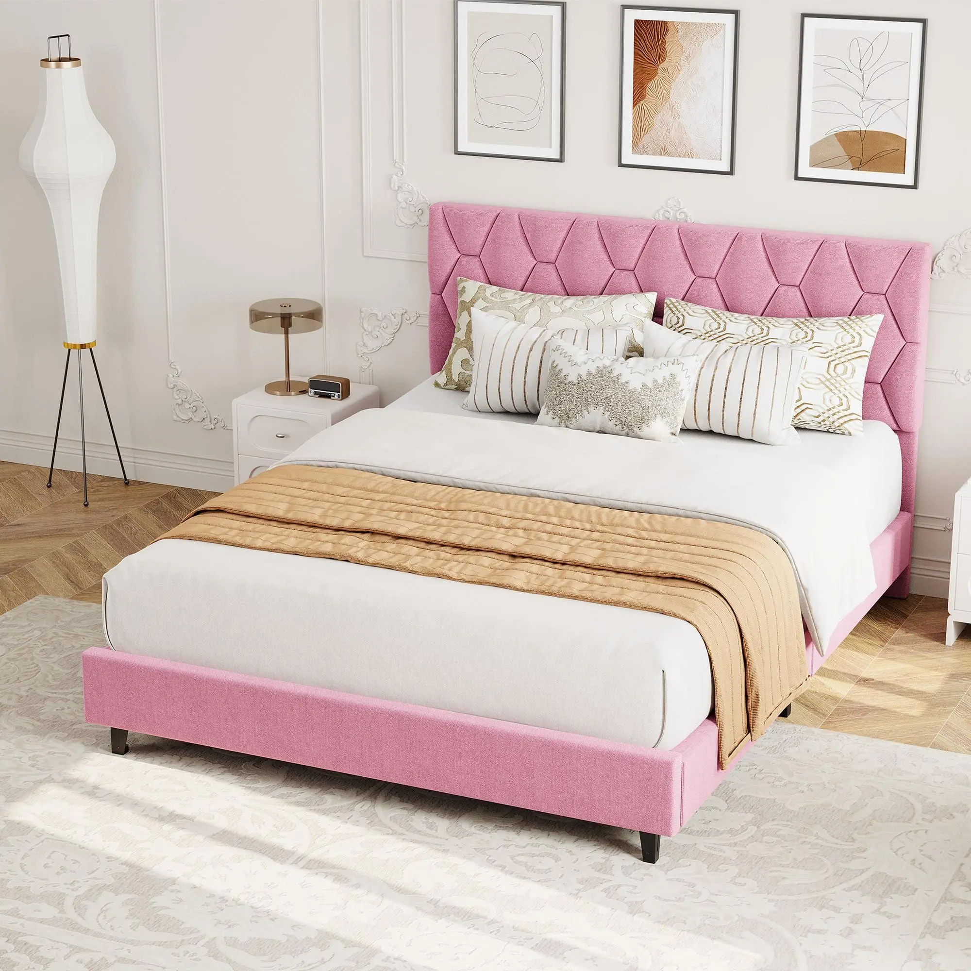 Gaomon Durable Height Adjustable Bed Frame - 6" to 14" Silent Upholstered Headboard, Wooden Slats Support, Triangular Feet, Easy Assembly Headboard Bed Frames, Height Adjustable Bed Frames, High Quality Bed Frames