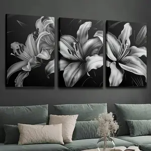 3-piece framed canvas paintings and posters, ready to hang, modern minimalist black and white floral prints, home decor, wall art, room decoration, home wall paintings, high-definition printing, ideal gift, suitable for living room, bedroom, dining room,