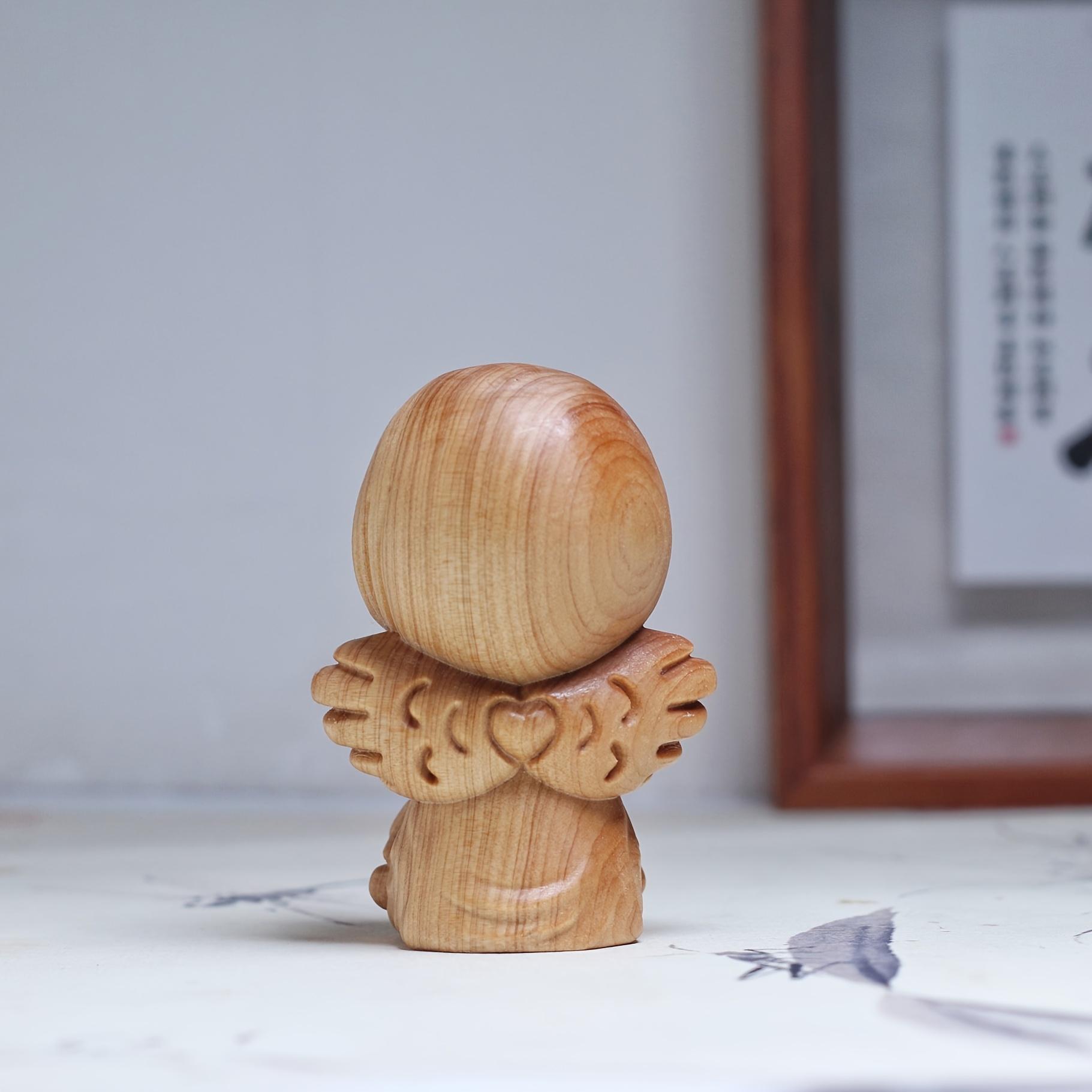 2Pcs Hand Carved Sandalwood Angel Figurines, Mini Winged Angel Statues, Home Desk Decor & Gift