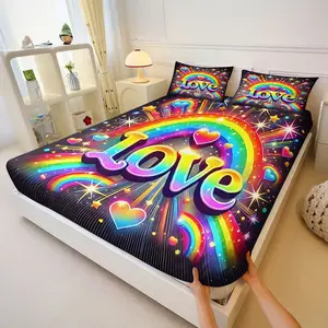 3Pcs Vibrant Love Themed Fitted Sheet Set, Colorful Rainbow Letters with Heart Design, Glossy 3D Effect, Perfect for Festive Bedroom Decor, Celebrate Joy and Warmth Every Night!, Lncludes 1 Fitted Sheet, With 2 Coreless Pillowcases