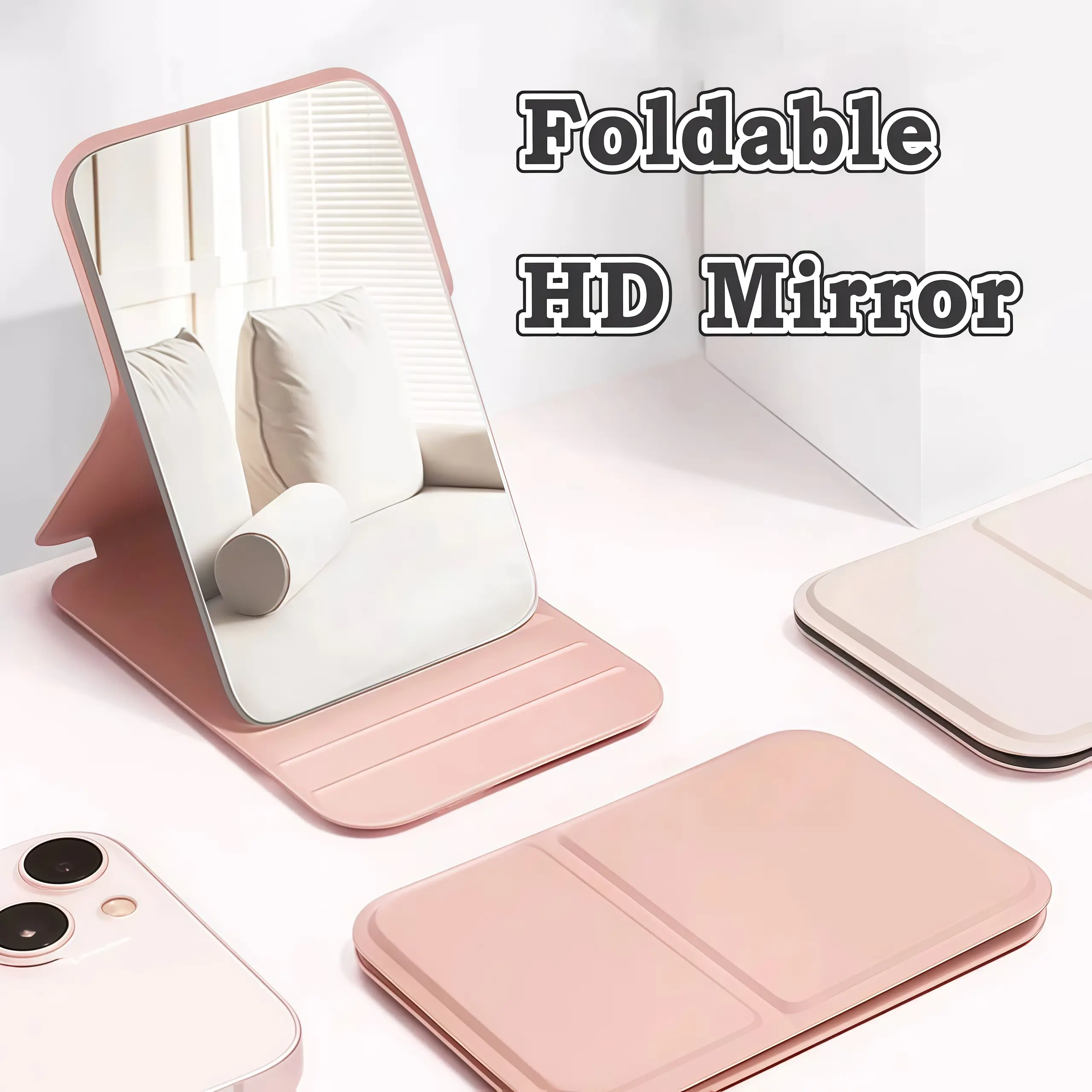 A pink portable foldable makeup mirror, adjustable mini mirror, dormitory and office foldable mirror, triple folding mirror, mini pocket makeup mirror, handheld washable, very suitable for daily outdoor and dormitory students