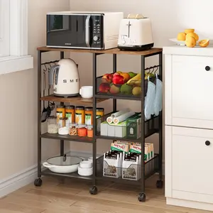 Kitchen Island Cart on Wheels – 4-tier rolling kitchen table cart with storage shelves, 6 removable hooks and locking casters; coffee bar cabinet for dining room, pantry, and office; espresso