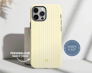 Personalized Yellow Phone Case Custom Monogram iPhone Case Aesthetic Striped Phone Case Summer Coastal Phone Case Preppy Phonecase Beachy