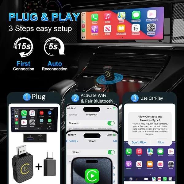Go Wireless in Seconds! 2-in-1 CarPlay Adapter for Apple & Android – Converts Your Factory Wired CarPlay (2017+) to Wireless, No More Cables!