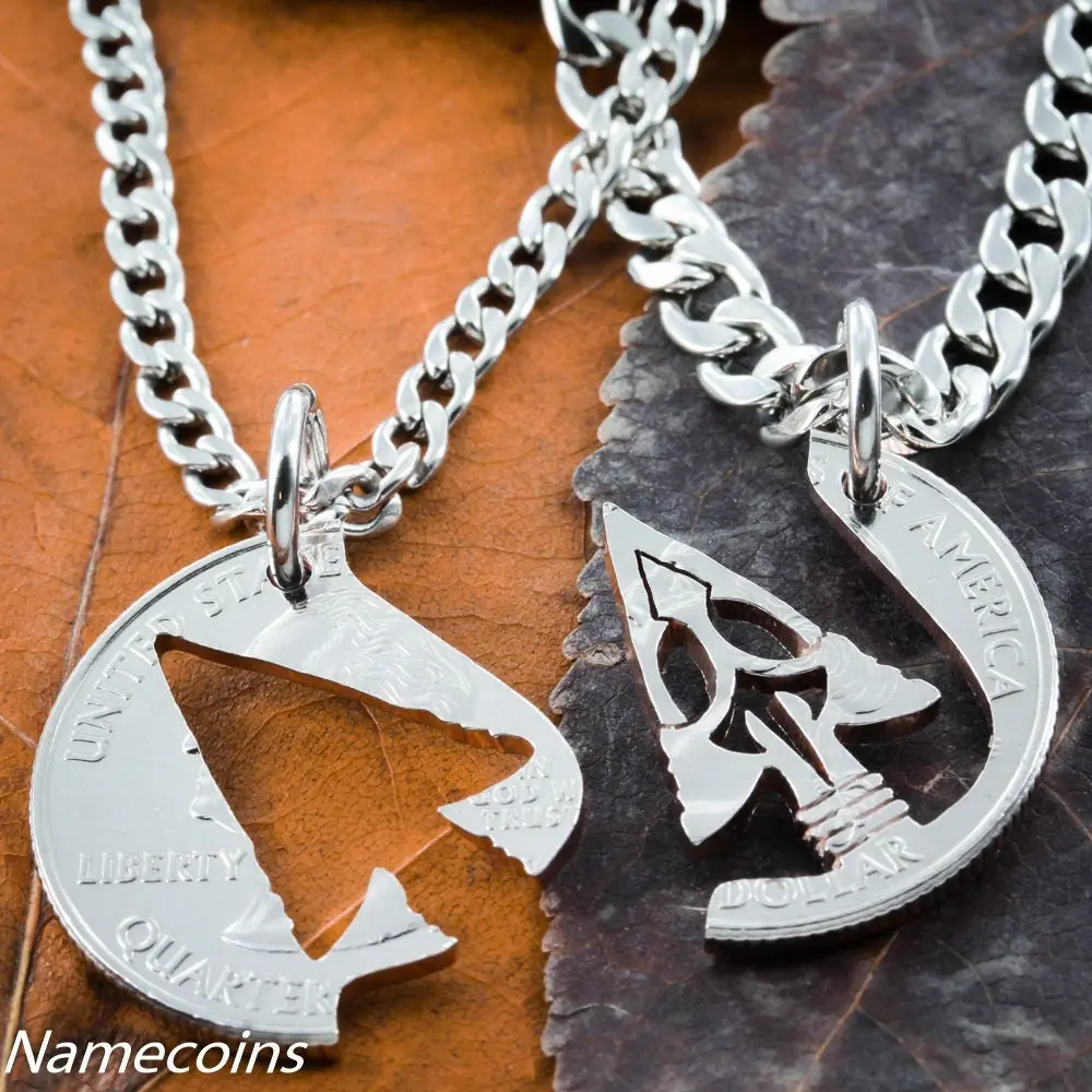 Arrowhead Necklaces For 2, Indian Jewelry, Best Friends or Couple Gifts, Handcrafted Interlocking Cut Coin