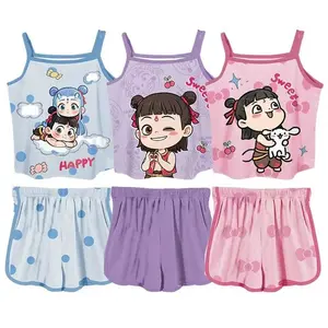 Summer Girls 3pcs Pajama Set Cute Cartoon Rabbit Heart Print Camisole Top and Shorts Comfortable Polyester Fiber Fabric