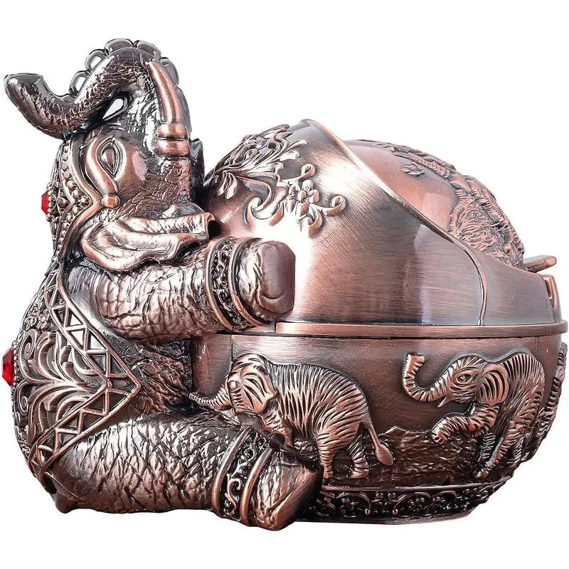 Vintage Decorative Windproof Ashtray with Lid for Metal Portable Ashtray Odor Indoor Outdoor Hand Carved Fancy Gift ornament for Men Women (Red Copper Elephant)