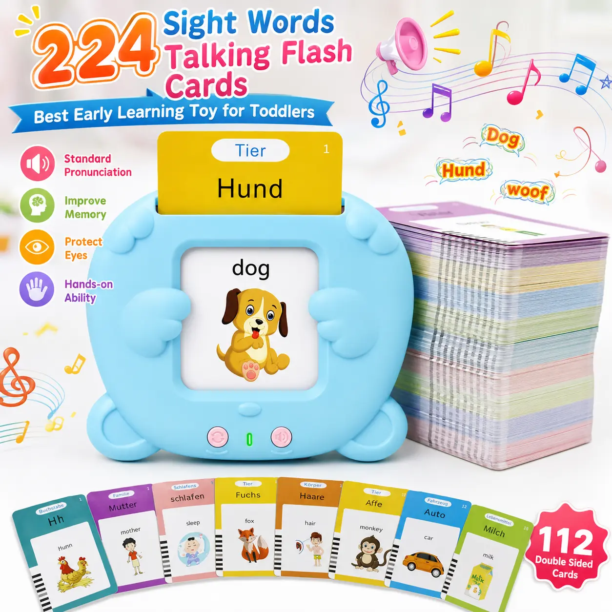 224 Words Talking Flash Cards for Toddlers, 112 Double-Sided English Learning Cards with Interactive Card Reader, Screen-Free Preschool Educational Toy for Vocabulary, Pronunciation & Early Learning, Birthday Gift for Kids Ages 2-6