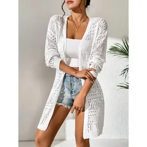 Women’s solid hollow-out sheer front cardigan, summer casual off-shoulder long-sleeve outerwear, fashionable women’s everyday wear GARMENTARY