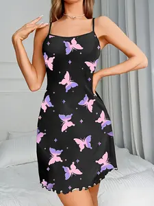 Women's Sleeveless Strap Knit Nightdress, Spring Summer All-Over Print Sleepwear Loungewear, Comfortable Ladies' Pajamas for Home Use