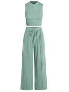 BTFBM Women's Summer 2-Piece Outfits - Ribbed Knit Crew Neck Sleeveless Cropped Top & Wide Leg Pants Lounge Set #Outdoorfun