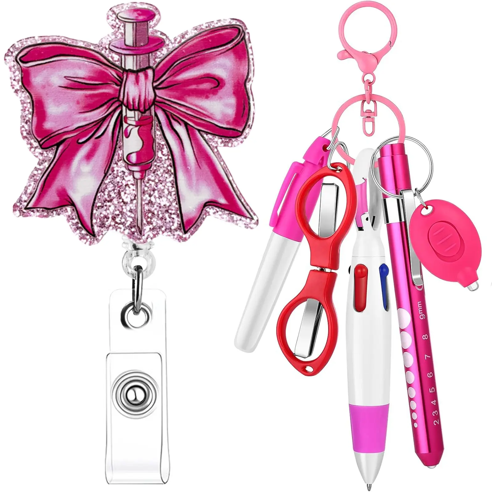 6 Piece Nurse Badge Work Set for Nursing Students Includes Permanent Marker, Pen Light, Retractable Ballpoint Pen, Bow Tie Badge Clip, Foldable Scissors, LED Flashlight Nurse Badge Reel Badge Accessories