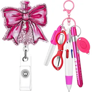 6 Piece Nurse Badge Work Set Includes Permanent Marker, Pen Light, Retractable Ballpoint Pen, Bow Tie Badge Clip, Foldable Scissors, LED Flashlight Nurse Badge Reel