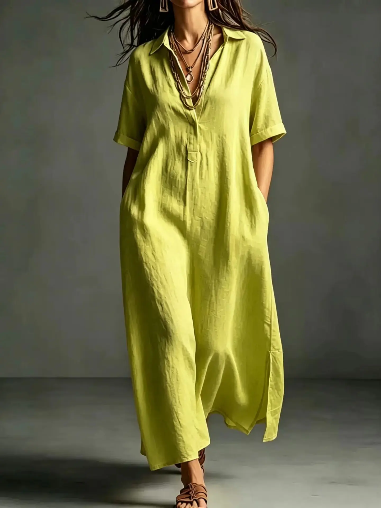 Women's Short-Sleeve Clean Line Loose Linen Maxi Dress - Wrinkle-Free Breathable Fabric, Point Collar, Half Placket, Side Pockets, Office-Casual Outfit for Shopping Weekend Trips, Shortsleeve